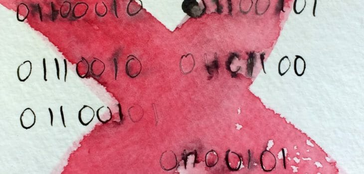 water color of binary code with red X as Unbridled Expression with Kymberlee della Luce podcast leaves bro culture behind